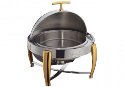 6 Quart Round Chafer, Roll-top, Stainless Steel, Gold Trim