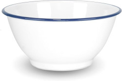 White W Blue Rim Metal 4 quart Round Salad Bowl