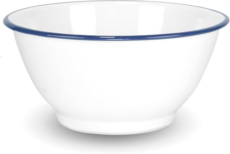 White W Blue Rim Metal 4 quart Round Salad Bowl